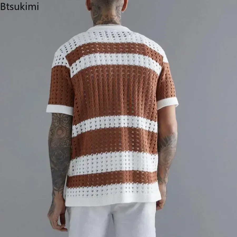 2025 Fashion Striped Patchwork Knitted Shirts for Men Summer Short-sleeved Hollow Out Tops Knit Casual Cardigan Male Streetwear