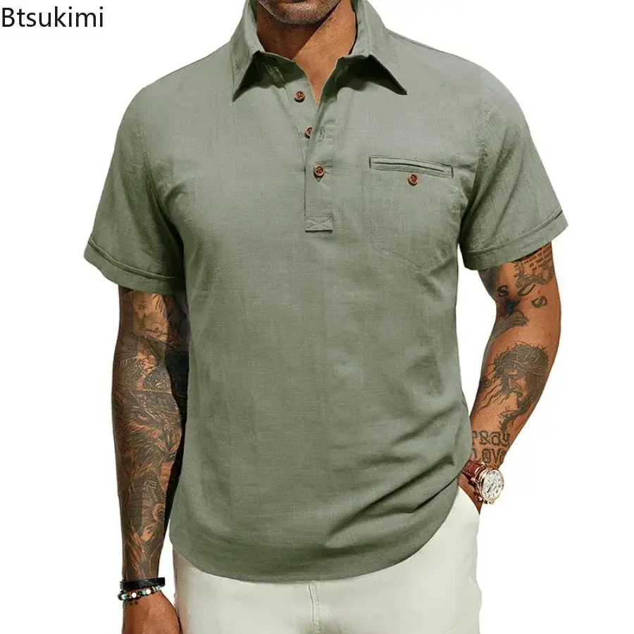 2025 Men's Breathable Cotton Linen Casual Shirts Fashion Button Lapel Short-sleeved Pullover Tops Men Solid Loose Beach Blouses