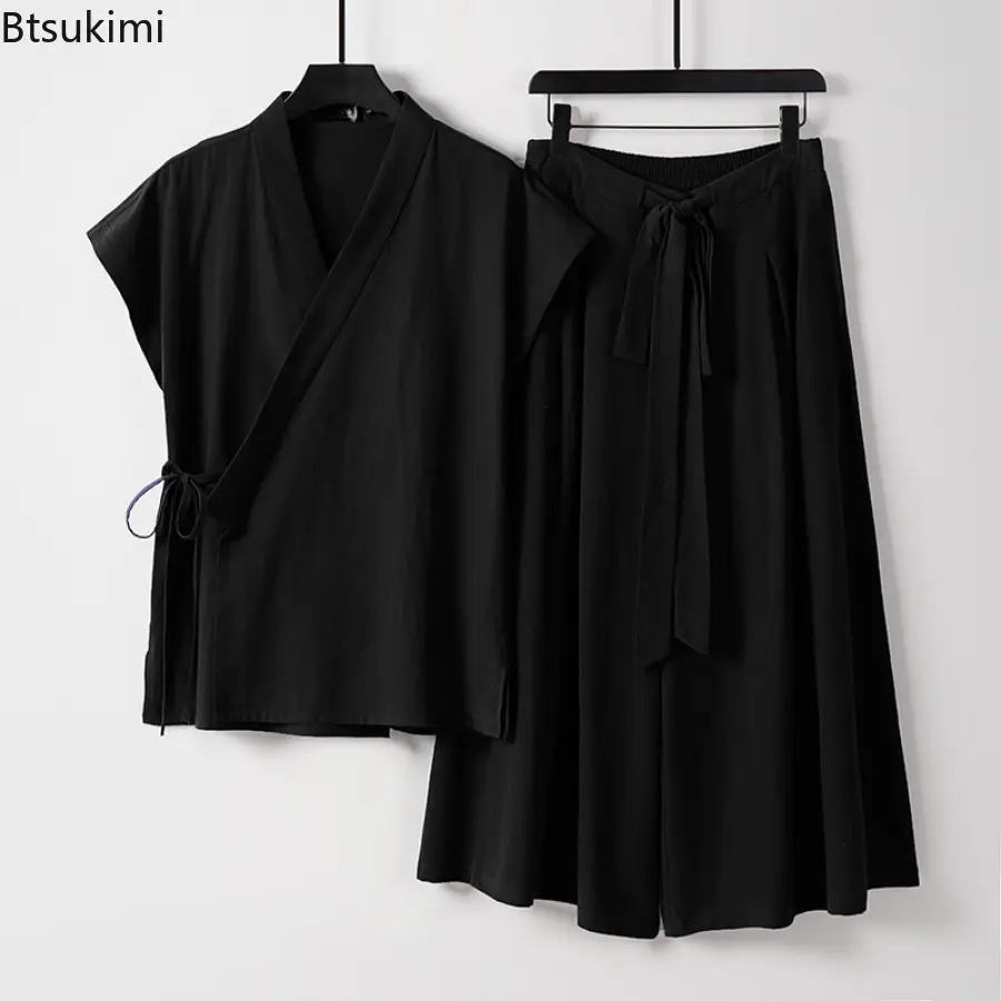Men's Chinese Style Casual Linen Cotton Two Pieces Solid Vintage Kimono Cardigan Vests and Wide Leg Pants Sets Men Tang Suit New