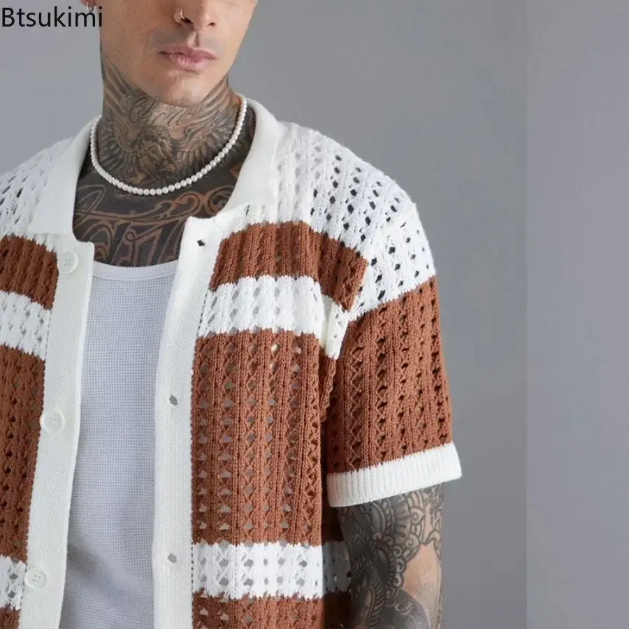 2025 Fashion Striped Patchwork Knitted Shirts for Men Summer Short-sleeved Hollow Out Tops Knit Casual Cardigan Male Streetwear
