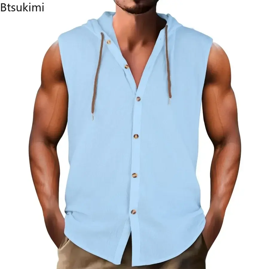 Summer Cotton Linen Sleeveless Hooded Shirt for Men Fashion Loose Casual Solid Breathable Button-up Tops Men's Hoodies Tank Tops