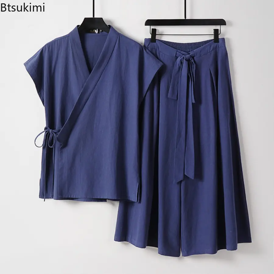 Men's Chinese Style Casual Linen Cotton Two Pieces Solid Vintage Kimono Cardigan Vests and Wide Leg Pants Sets Men Tang Suit New