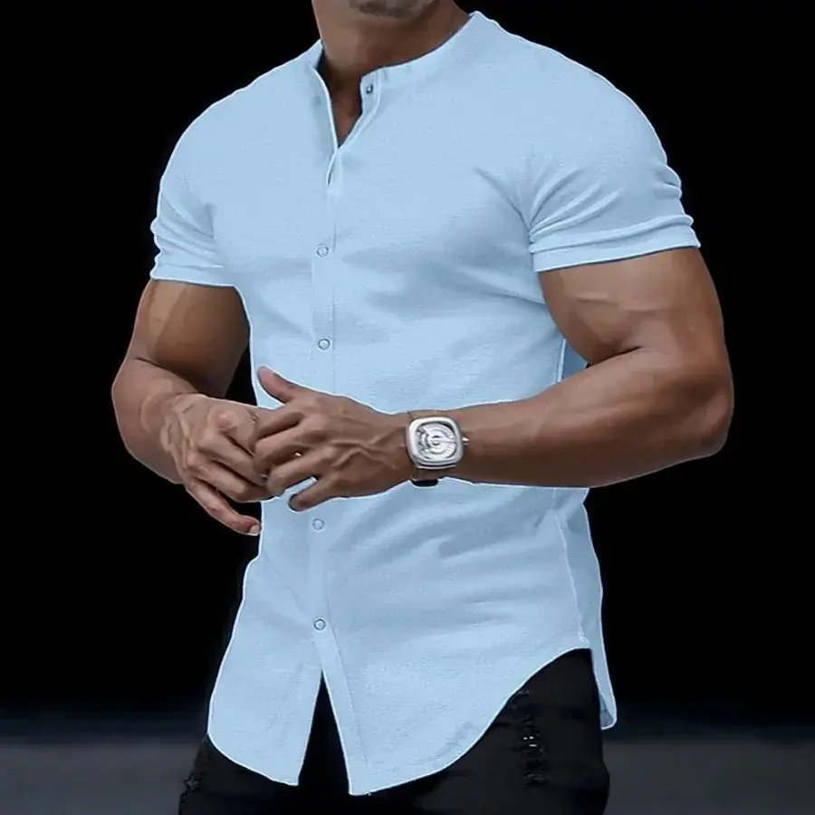 2025 Men's Summer Stand Collar Short Sleeve Shirts Solid Slim Fit Casual Cardigan Versatile T-shirts Social Blouses for Men Tops