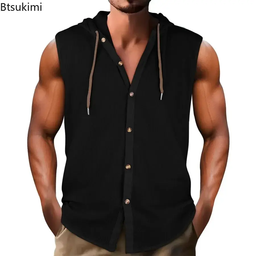 Summer Cotton Linen Sleeveless Hooded Shirt for Men Fashion Loose Casual Solid Breathable Button-up Tops Men's Hoodies Tank Tops