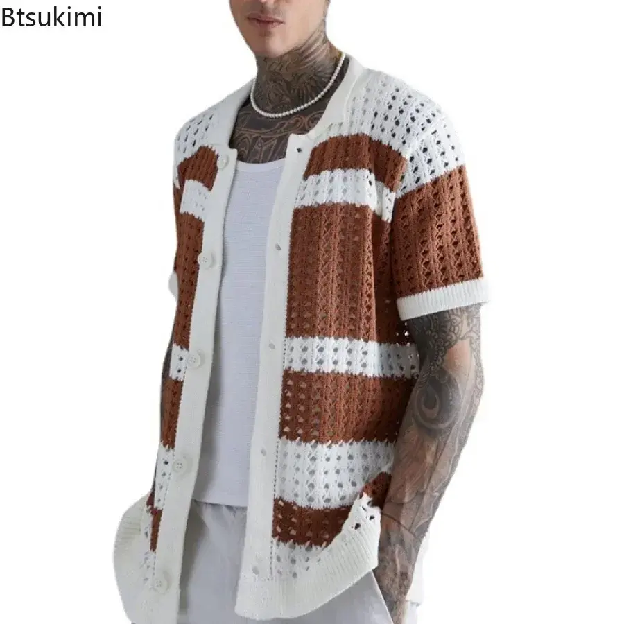 2025 Fashion Striped Patchwork Knitted Shirts for Men Summer Short-sleeved Hollow Out Tops Knit Casual Cardigan Male Streetwear