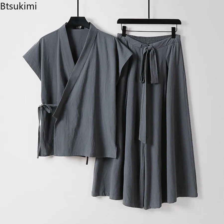Men's Chinese Style Casual Linen Cotton Two Pieces Solid Vintage Kimono Cardigan Vests and Wide Leg Pants Sets Men Tang Suit New