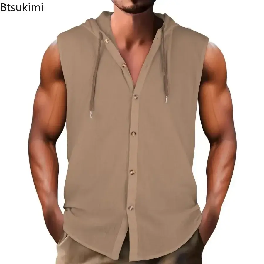 Summer Cotton Linen Sleeveless Hooded Shirt for Men Fashion Loose Casual Solid Breathable Button-up Tops Men's Hoodies Tank Tops