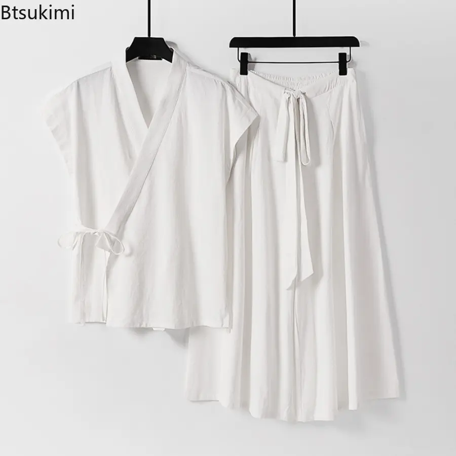Men's Chinese Style Casual Linen Cotton Two Pieces Solid Vintage Kimono Cardigan Vests and Wide Leg Pants Sets Men Tang Suit New