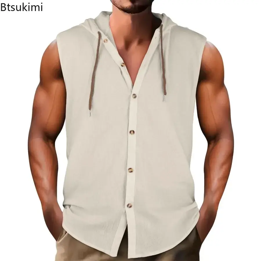 Summer Cotton Linen Sleeveless Hooded Shirt for Men Fashion Loose Casual Solid Breathable Button-up Tops Men's Hoodies Tank Tops