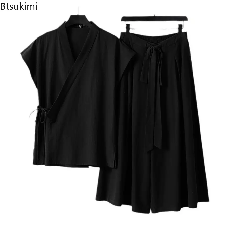 Men's Chinese Style Casual Linen Cotton Two Pieces Solid Vintage Kimono Cardigan Vests and Wide Leg Pants Sets Men Tang Suit New