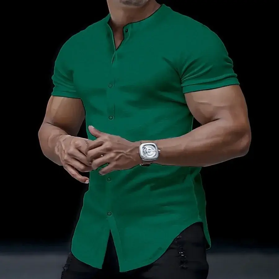 2025 Men's Summer Stand Collar Short Sleeve Shirts Solid Slim Fit Casual Cardigan Versatile T-shirts Social Blouses for Men Tops