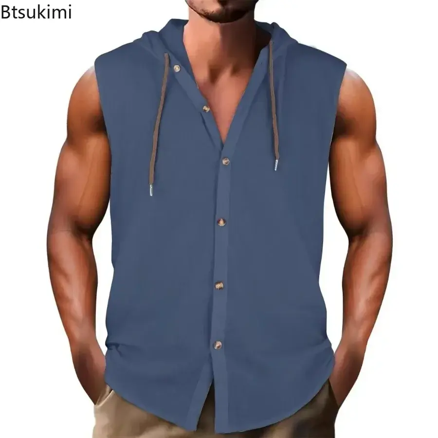 Summer Cotton Linen Sleeveless Hooded Shirt for Men Fashion Loose Casual Solid Breathable Button-up Tops Men's Hoodies Tank Tops