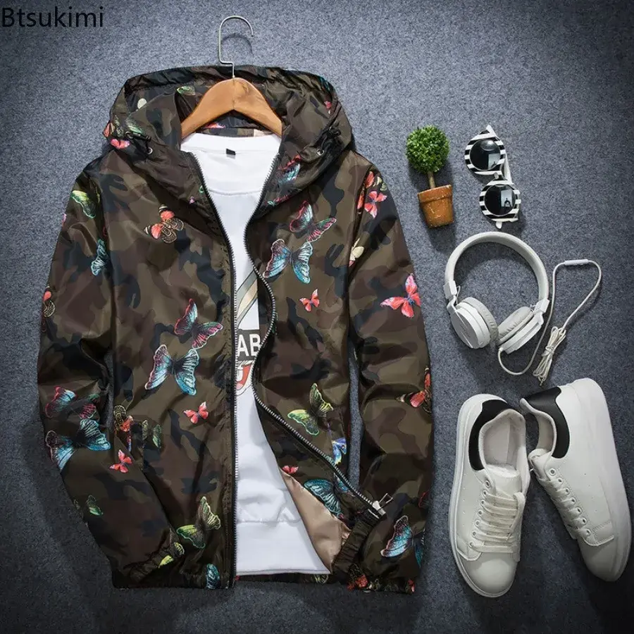 2025 Spring New Men's Camouflage Hooded Jacket Fashion Butterfly Print Loose Casual Coat Men Hood Windproof Outerwear Young Teen