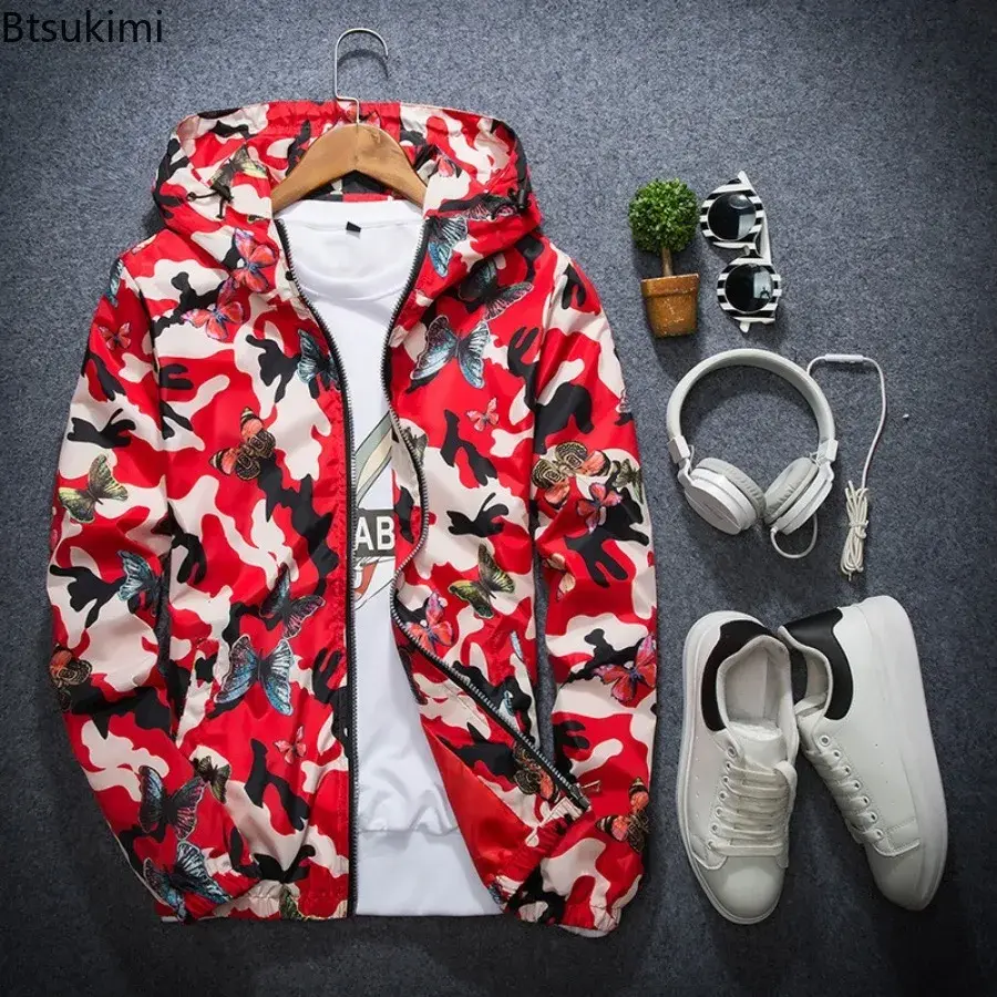 2025 Spring New Men's Camouflage Hooded Jacket Fashion Butterfly Print Loose Casual Coat Men Hood Windproof Outerwear Young Teen