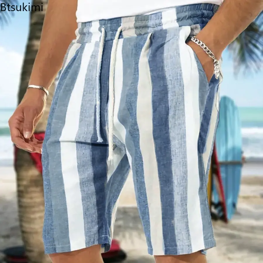 Trendy Contrast Color Striped Shorts for Men Comfy Cotton Linen Summer Casual Drawstring Beach Shorts Men Loose Sport Yoga Pants