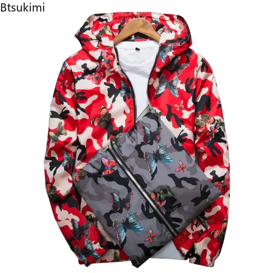 2025 Spring New Men's Camouflage Hooded Jacket Fashion Butterfly Print Loose Casual Coat Men Hood Windproof Outerwear Young Teen