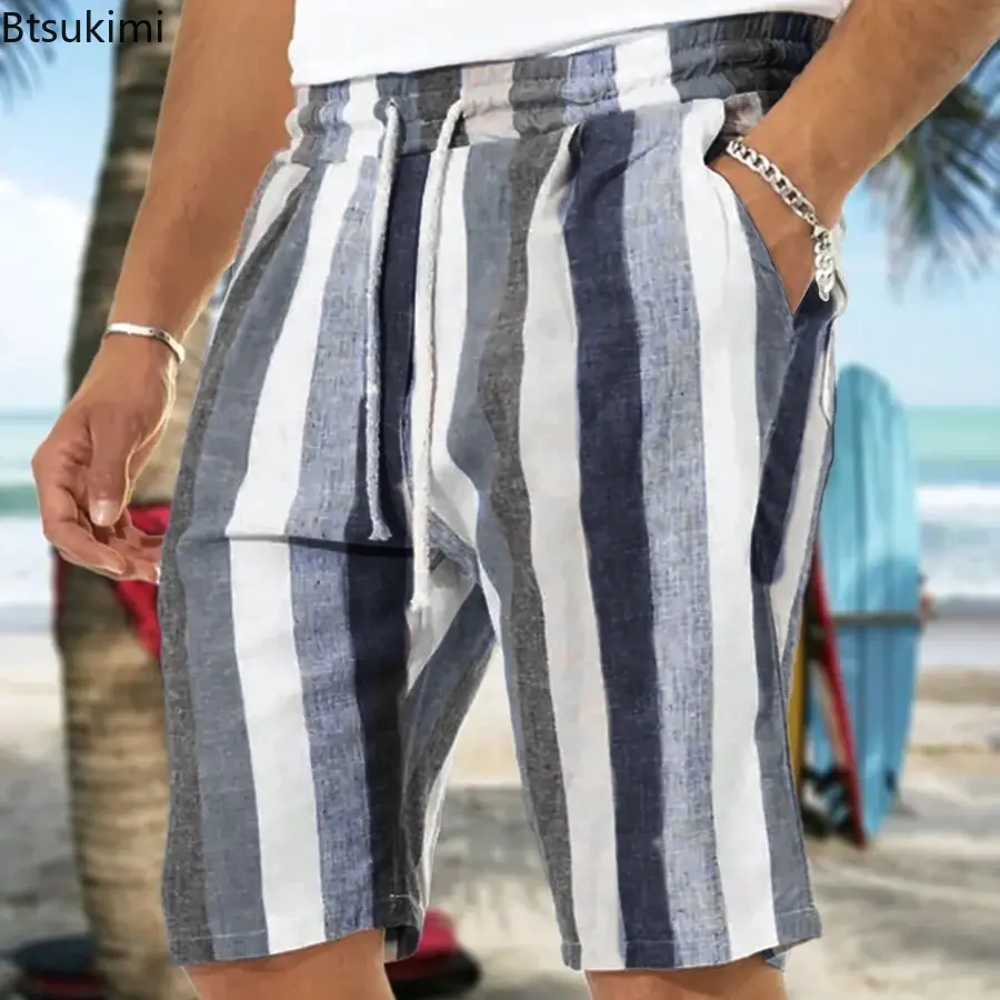 Trendy Contrast Color Striped Shorts for Men Comfy Cotton Linen Summer Casual Drawstring Beach Shorts Men Loose Sport Yoga Pants