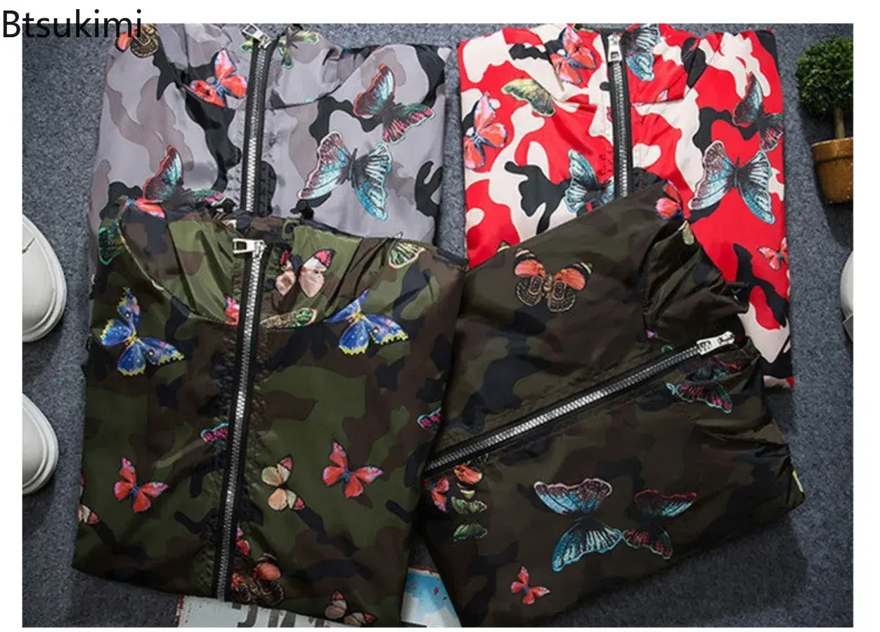 2025 Spring New Men's Camouflage Hooded Jacket Fashion Butterfly Print Loose Casual Coat Men Hood Windproof Outerwear Young Teen