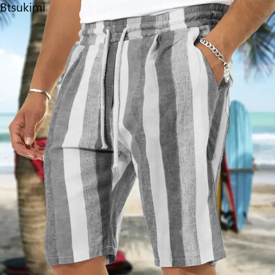 Trendy Contrast Color Striped Shorts for Men Comfy Cotton Linen Summer Casual Drawstring Beach Shorts Men Loose Sport Yoga Pants