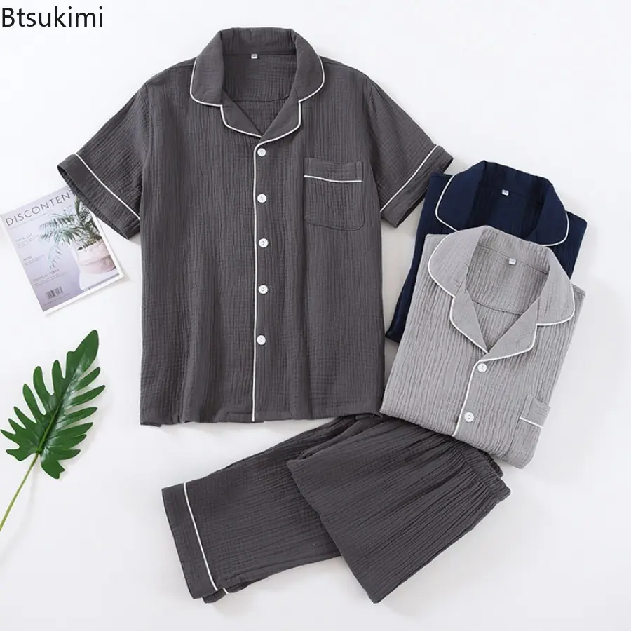 2025 Men's Pajama Sets 100% Cotton Crepe Casual Homewear Two Pieces Short Sleeve Tops and Pants Men Simple Lounge Sleepwear Suit