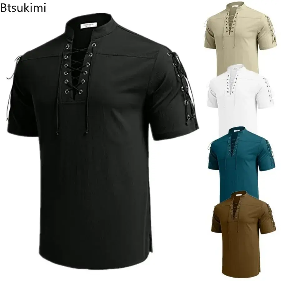 New Men's Summer V-neck Short-Sleeved T-shirt Breathable Cotton Linen Loose Casual Lace Up Tops Fashion Solid Vintage Tees Male
