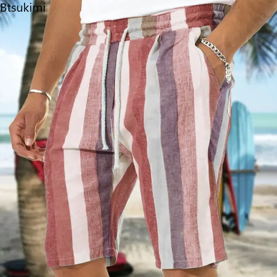 Trendy Contrast Color Striped Shorts for Men Comfy Cotton Linen Summer Casual Drawstring Beach Shorts Men Loose Sport Yoga Pants