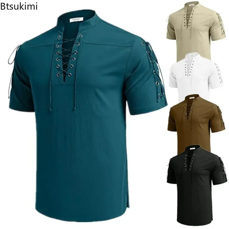 New Men's Summer V-neck Short-Sleeved T-shirt Breathable Cotton Linen Loose Casual Lace Up Tops Fashion Solid Vintage Tees Male