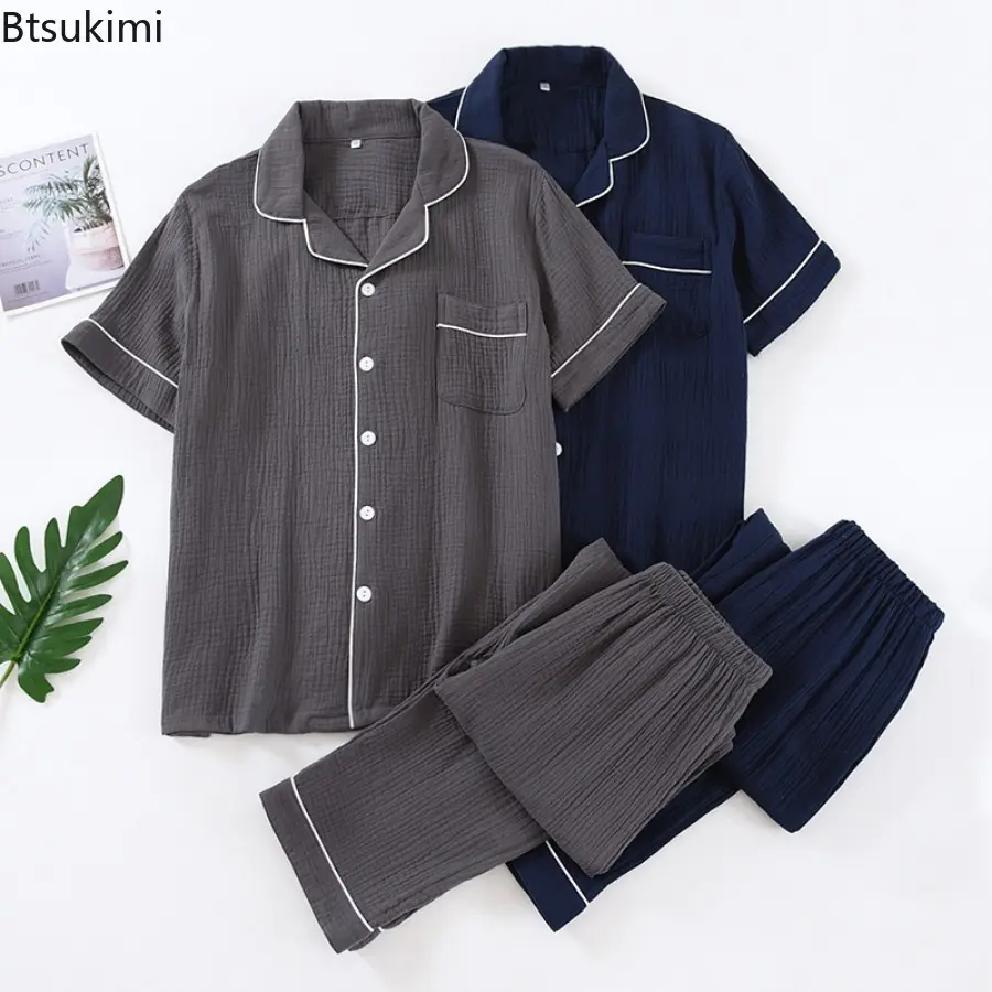 2025 Men's Pajama Sets 100% Cotton Crepe Casual Homewear Two Pieces Short Sleeve Tops and Pants Men Simple Lounge Sleepwear Suit
