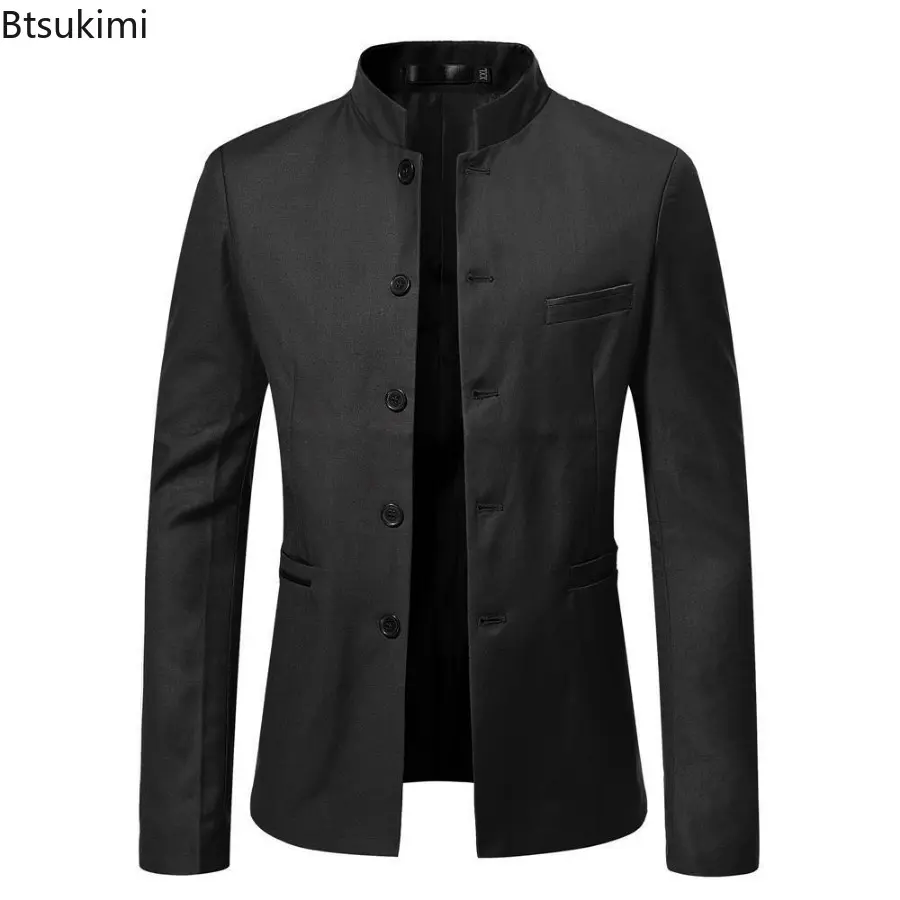 Fashion Brand New Men's Suit Coats Solid Stand Collar Simple Chinese Style Business Casual Blazer Jackets Zhongshan Suit Homme