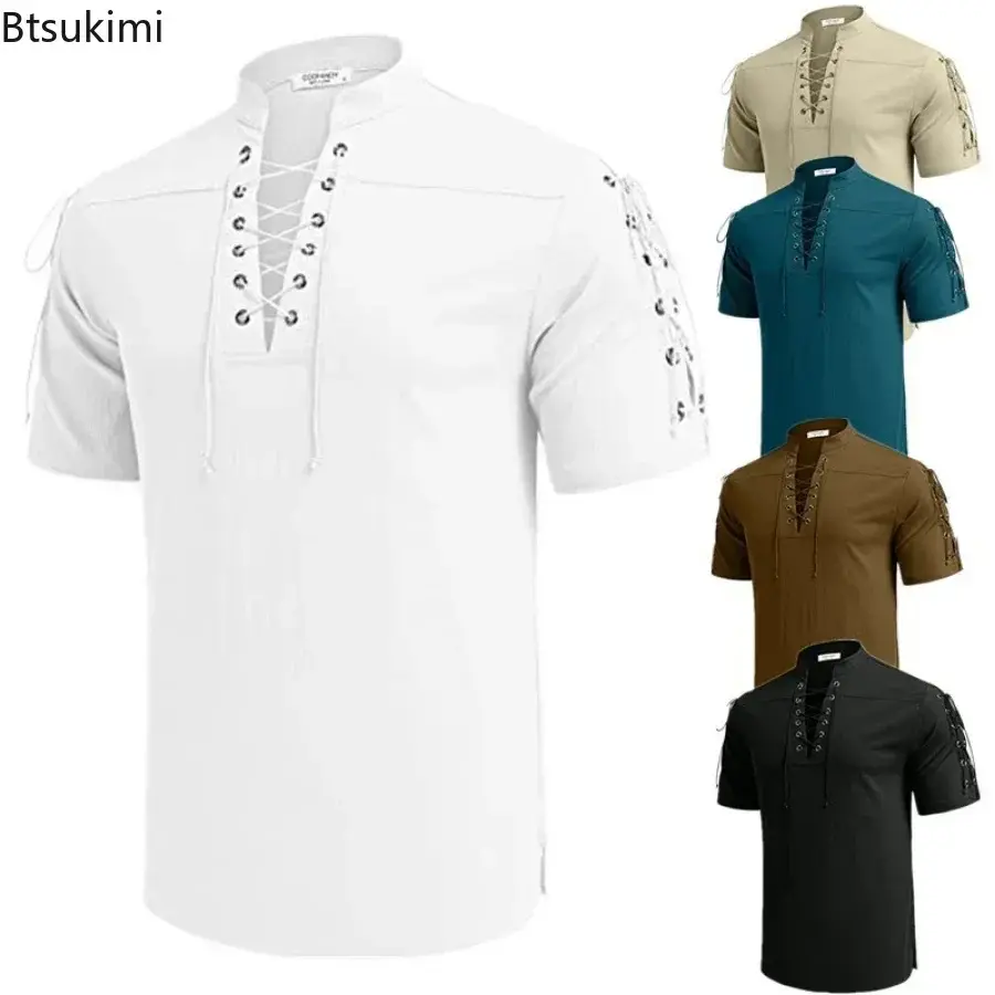 New Men's Summer V-neck Short-Sleeved T-shirt Breathable Cotton Linen Loose Casual Lace Up Tops Fashion Solid Vintage Tees Male