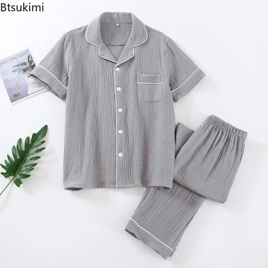 2025 Men's Pajama Sets 100% Cotton Crepe Casual Homewear Two Pieces Short Sleeve Tops and Pants Men Simple Lounge Sleepwear Suit