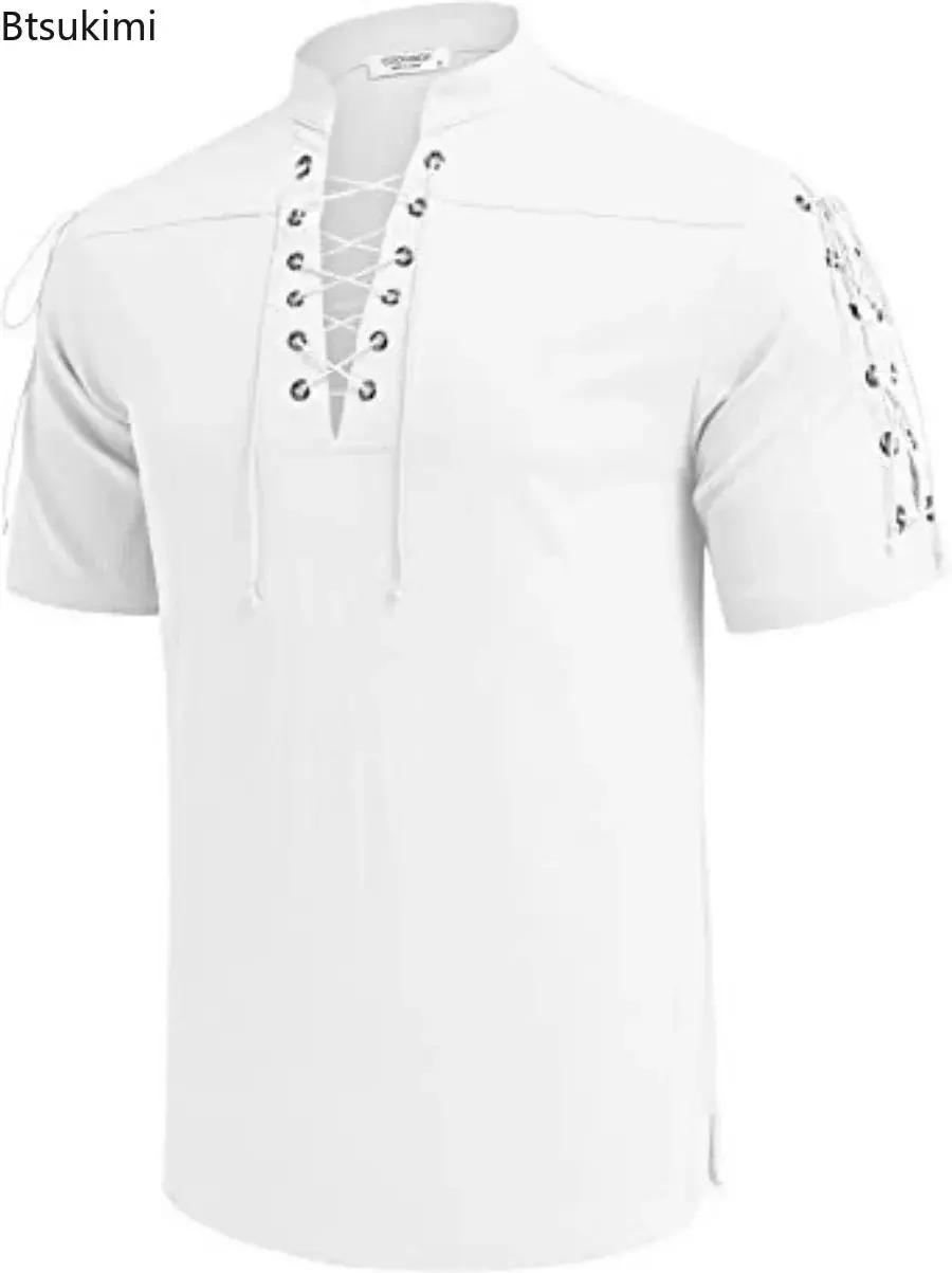 New Men's Summer V-neck Short-Sleeved T-shirt Breathable Cotton Linen Loose Casual Lace Up Tops Fashion Solid Vintage Tees Male