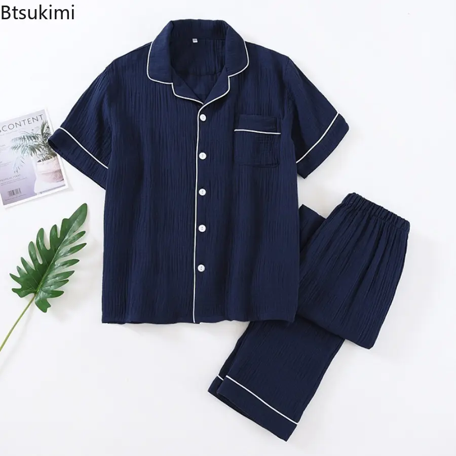 2025 Men's Pajama Sets 100% Cotton Crepe Casual Homewear Two Pieces Short Sleeve Tops and Pants Men Simple Lounge Sleepwear Suit