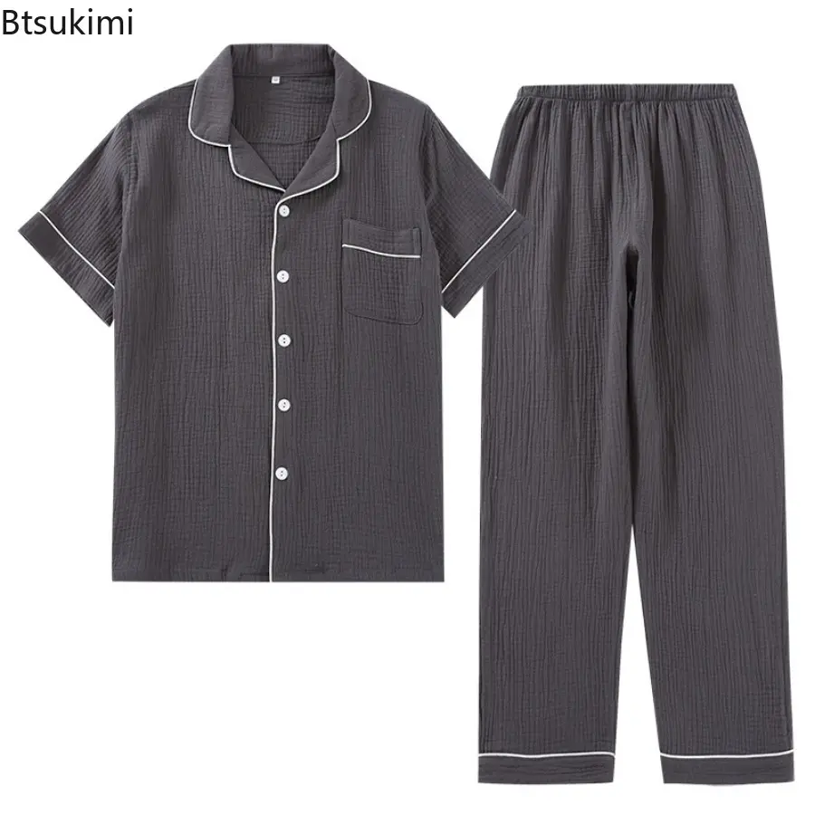 2025 Men's Pajama Sets 100% Cotton Crepe Casual Homewear Two Pieces Short Sleeve Tops and Pants Men Simple Lounge Sleepwear Suit