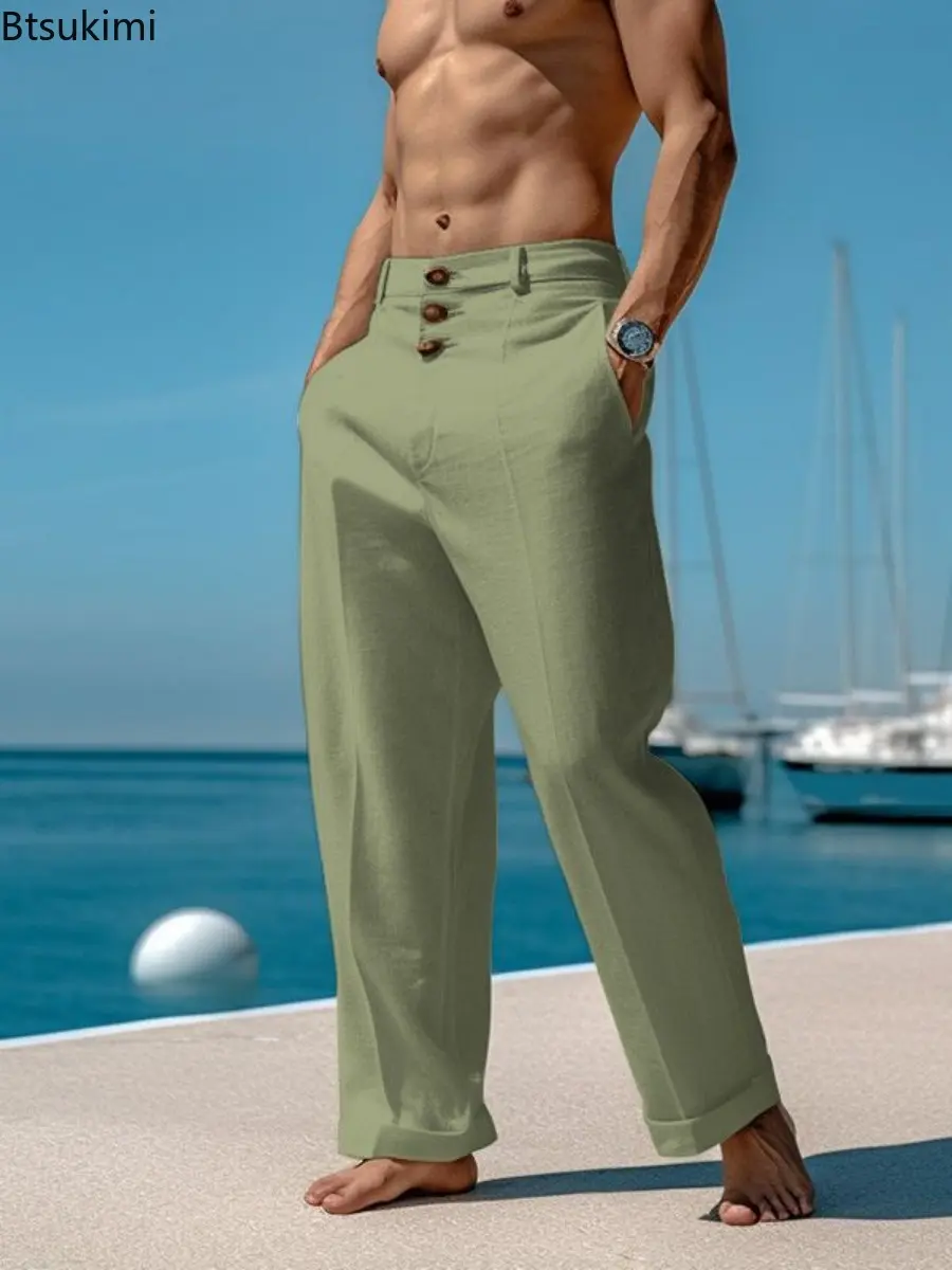 Beach Style Men's Solid Cotton Linen Casual Pants Summer New Loose Breathable Thin Trousers Daily Wear Men Retro Straight Pants