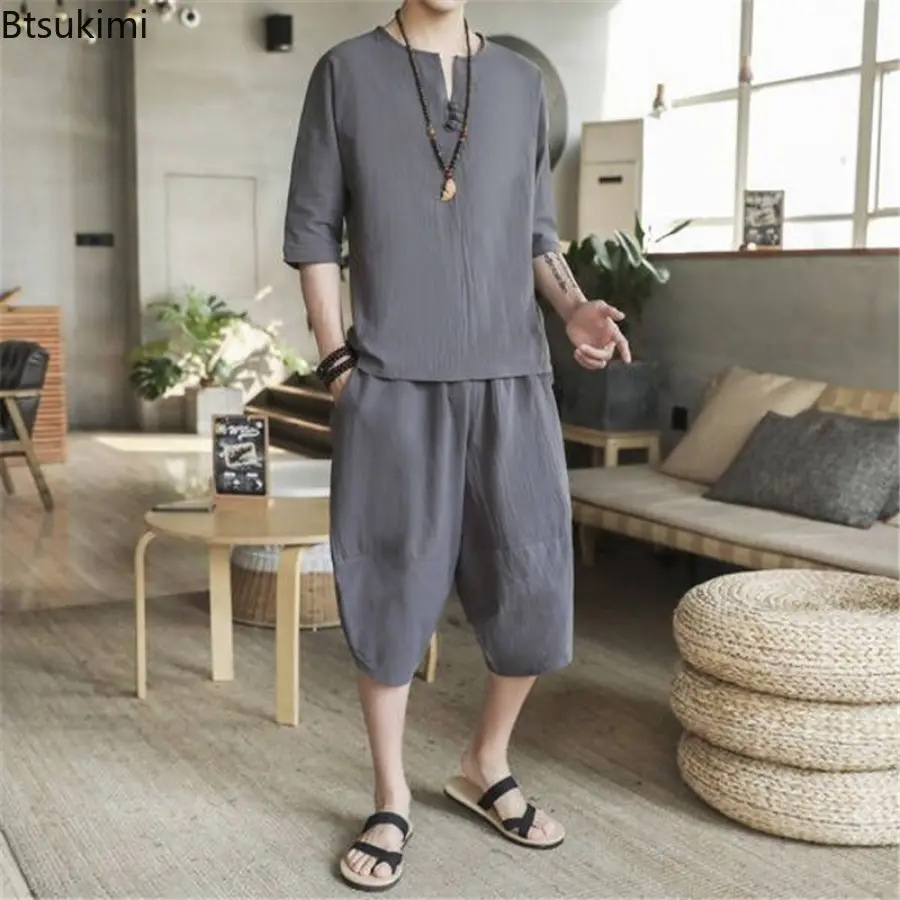 2025 Men's Summer Cotton and Linen Sets Chinese Style Fashion Two Piece Sets Men Loose Capris Casual Tang Suit Large Size M-5XL
