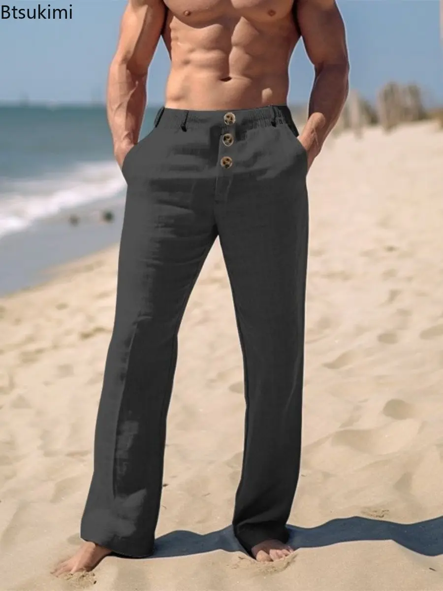Beach Style Men's Solid Cotton Linen Casual Pants Summer New Loose Breathable Thin Trousers Daily Wear Men Retro Straight Pants