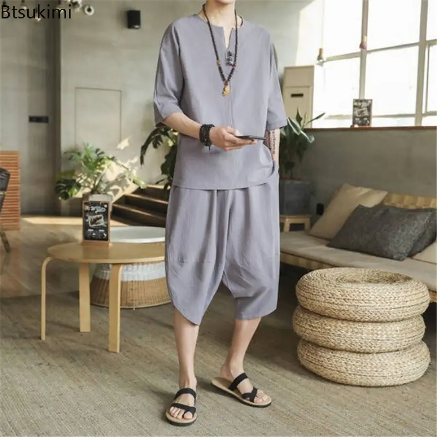 2025 Men's Summer Cotton and Linen Sets Chinese Style Fashion Two Piece Sets Men Loose Capris Casual Tang Suit Large Size M-5XL