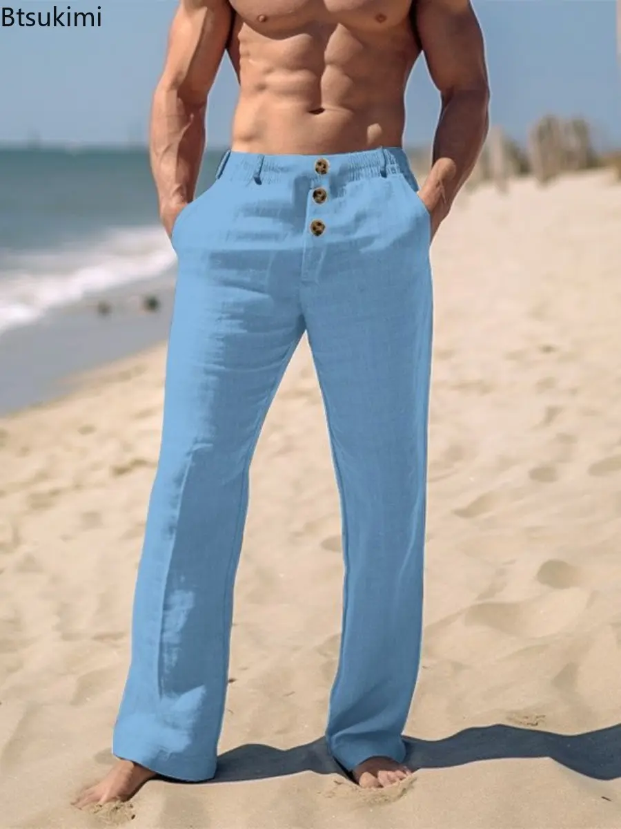 Beach Style Men's Solid Cotton Linen Casual Pants Summer New Loose Breathable Thin Trousers Daily Wear Men Retro Straight Pants