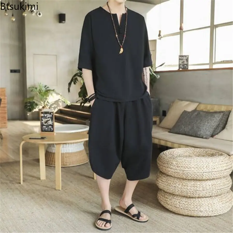 2025 Men's Summer Cotton and Linen Sets Chinese Style Fashion Two Piece Sets Men Loose Capris Casual Tang Suit Large Size M-5XL