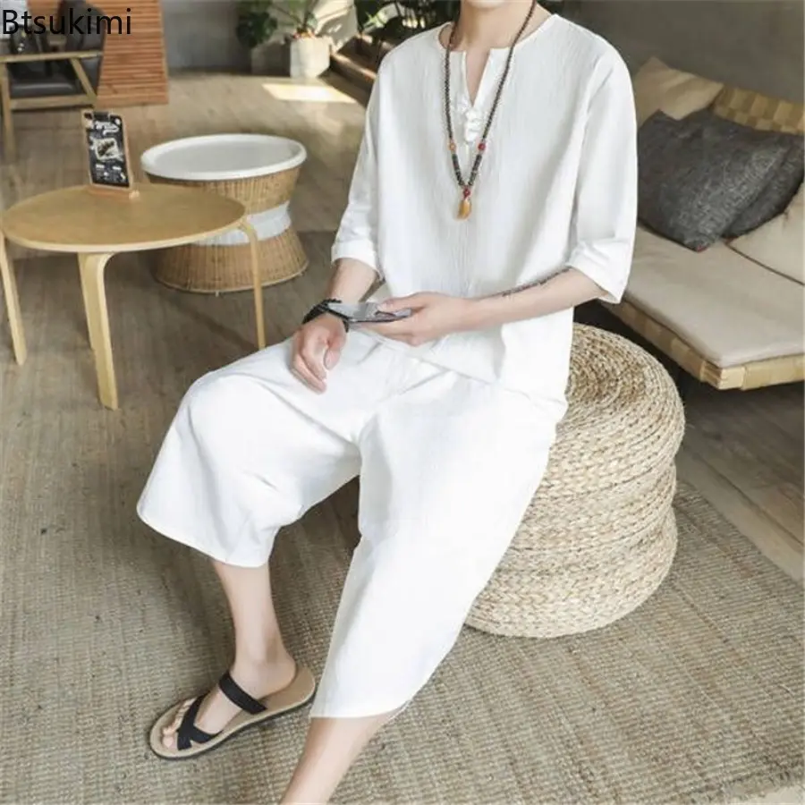 2025 Men's Summer Cotton and Linen Sets Chinese Style Fashion Two Piece Sets Men Loose Capris Casual Tang Suit Large Size M-5XL