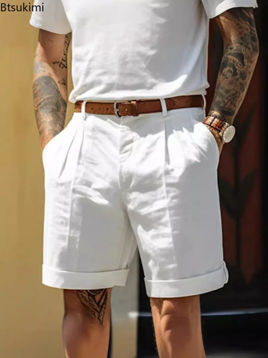 Summer Fashion Solid Cotton Linen Shorts for Men Breathable Pleated Loose Casual Straight Shorts Men Daily Versatile Short Pants
