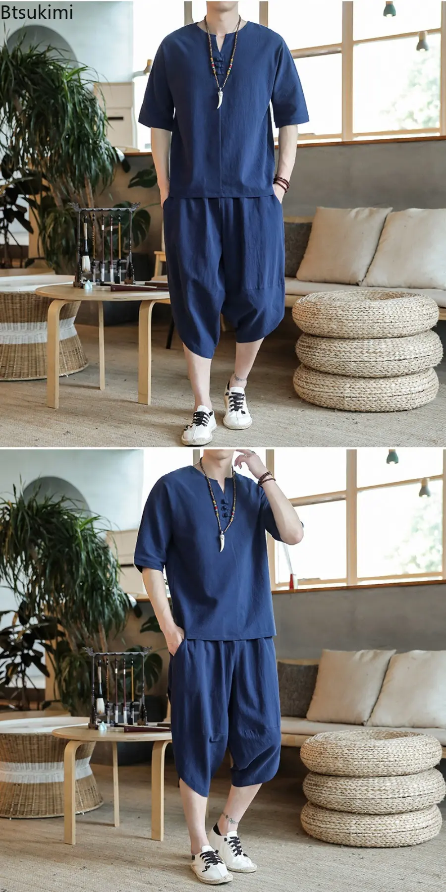 2025 Men's Summer Cotton and Linen Sets Chinese Style Fashion Two Piece Sets Men Loose Capris Casual Tang Suit Large Size M-5XL