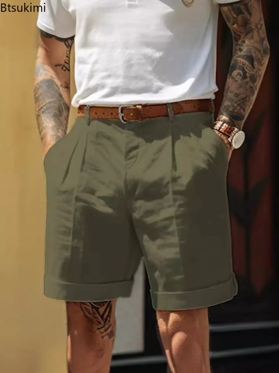 Summer Fashion Solid Cotton Linen Shorts for Men Breathable Pleated Loose Casual Straight Shorts Men Daily Versatile Short Pants