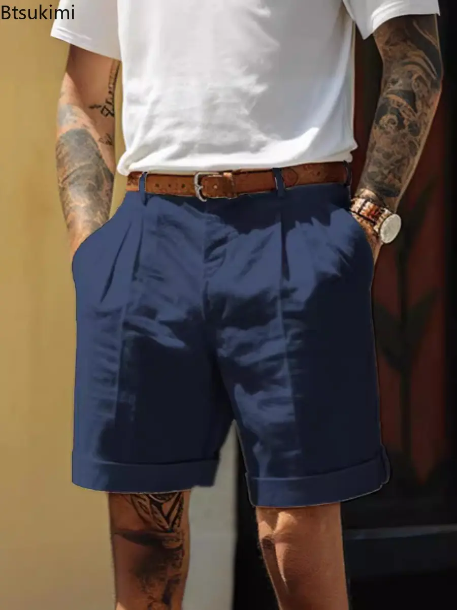 Summer Fashion Solid Cotton Linen Shorts for Men Breathable Pleated Loose Casual Straight Shorts Men Daily Versatile Short Pants