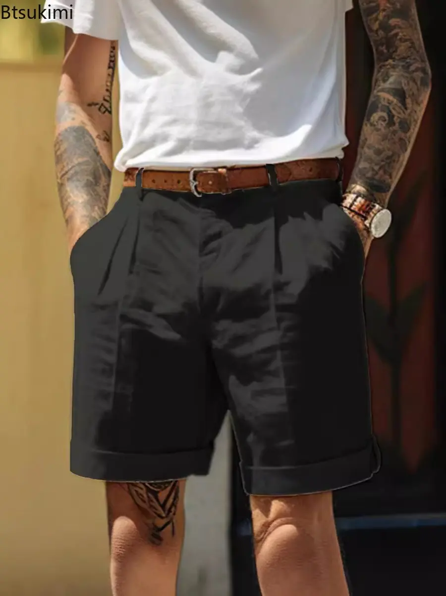 Summer Fashion Solid Cotton Linen Shorts for Men Breathable Pleated Loose Casual Straight Shorts Men Daily Versatile Short Pants