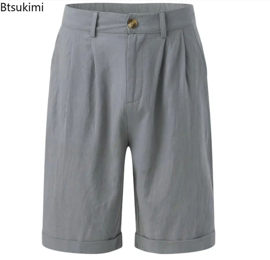 Summer Fashion Solid Cotton Linen Shorts for Men Breathable Pleated Loose Casual Straight Shorts Men Daily Versatile Short Pants