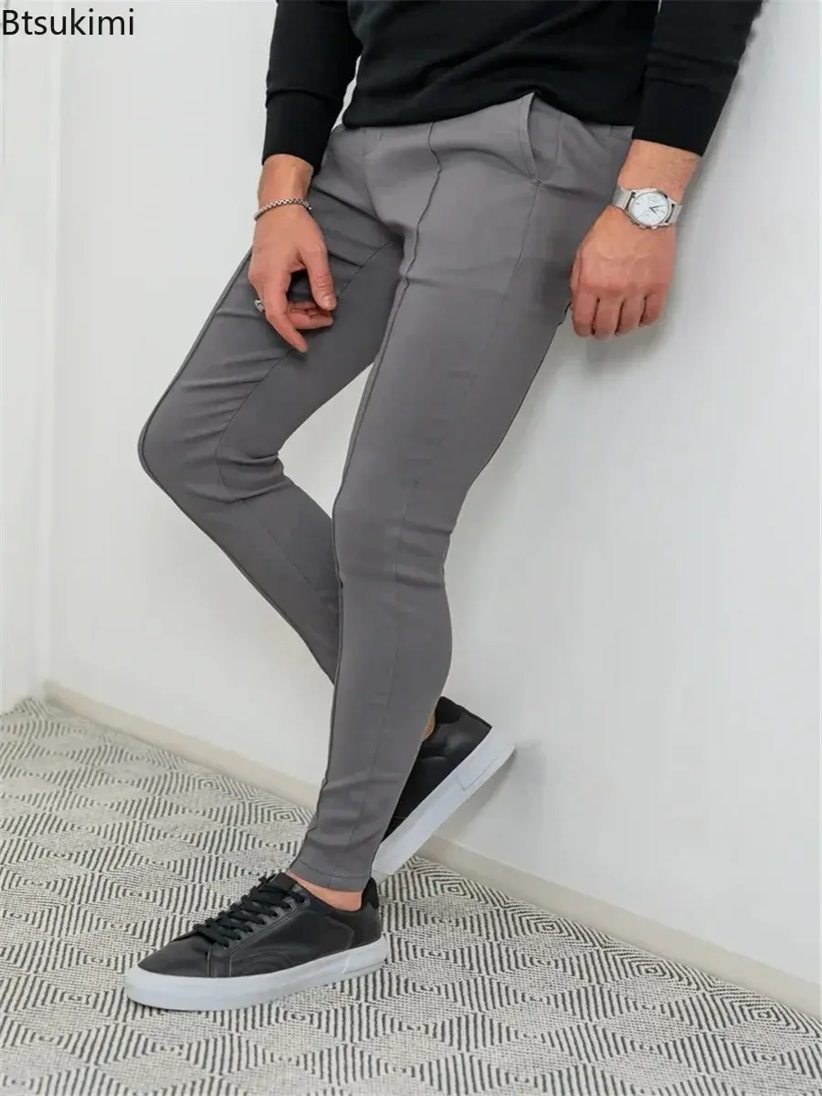 2025 Men's Solid Color Slim Long Pants Fashion New Business Casual Trousers Daily Wear Simple Breathable Pencil Pants for Male