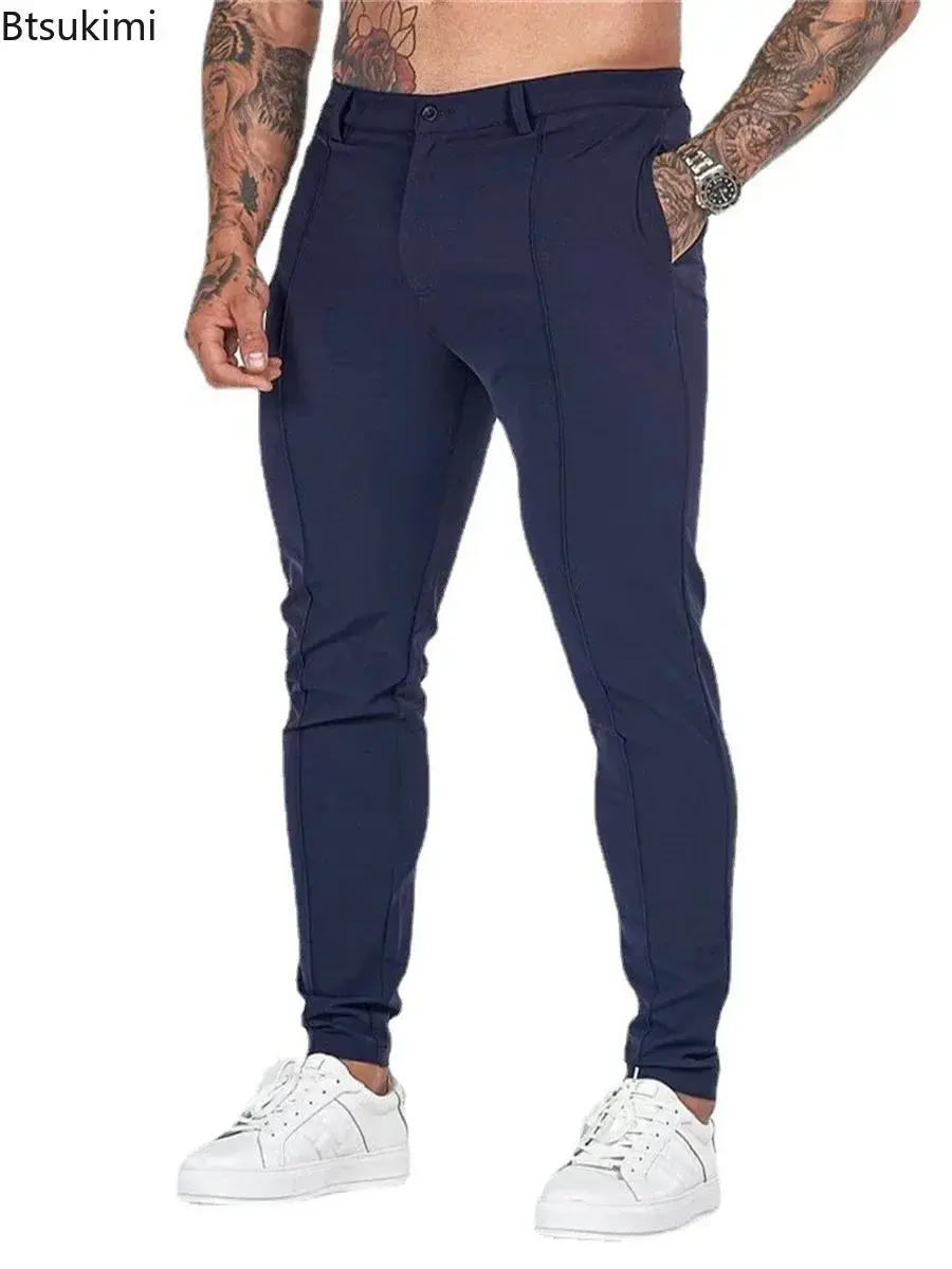 2025 Men's Solid Color Slim Long Pants Fashion New Business Casual Trousers Daily Wear Simple Breathable Pencil Pants for Male