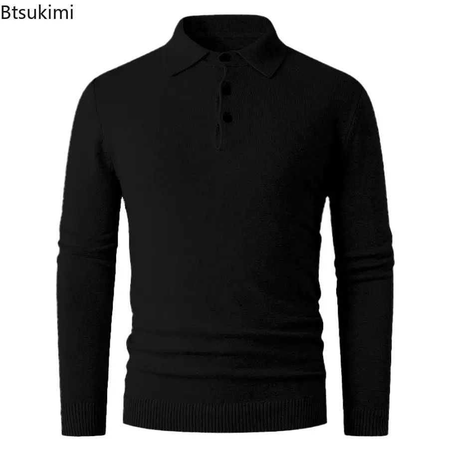 2025 Men's Autumn Winter New Knitted T-shirt Middle-aged Casual Long Sleeved Pullover Fashionable Solid Lapel Knitted Sweater